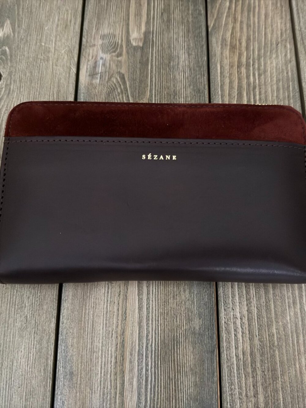 Sézane Burgundy Leather Zip Around Wallet Suede Trim Gold Logo